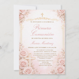 Peach Floral Spanish Girl Primera Comunión Cross Invitation