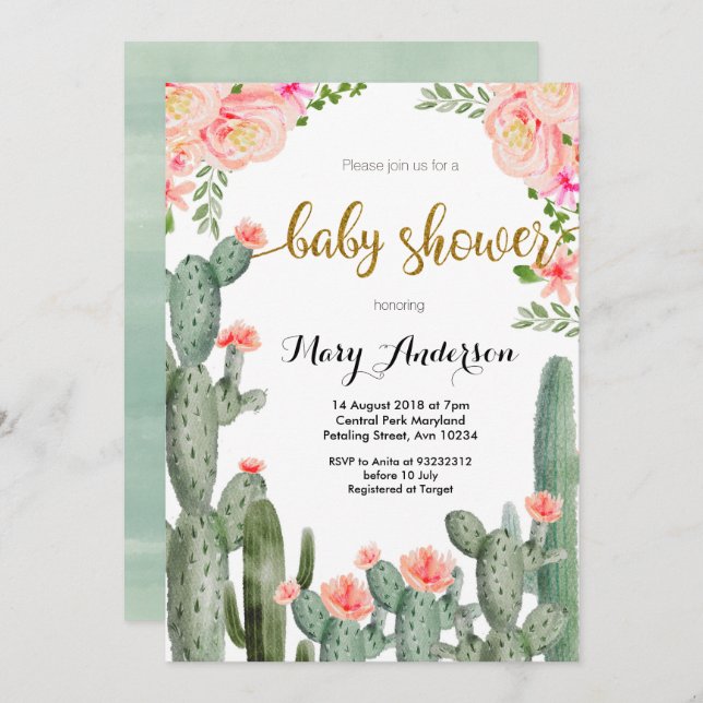 Peach Floral Succulent summer Baby Shower Invitation (Front/Back)