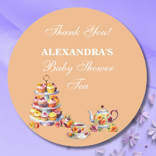 Peach Floral Tea Party Baby Shower Favor  Classic Round Sticker
