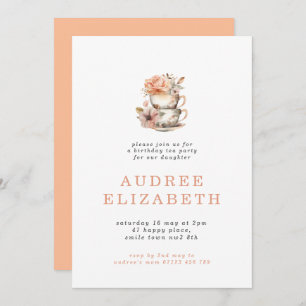 Peach Floral Tea Party Birthday Invitation