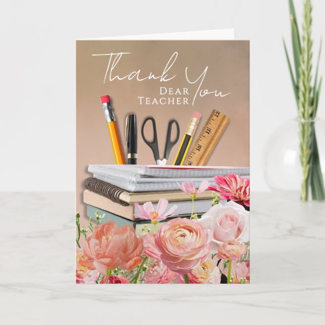 Peach  Floral Teacher Photo Thank You Card (Front)