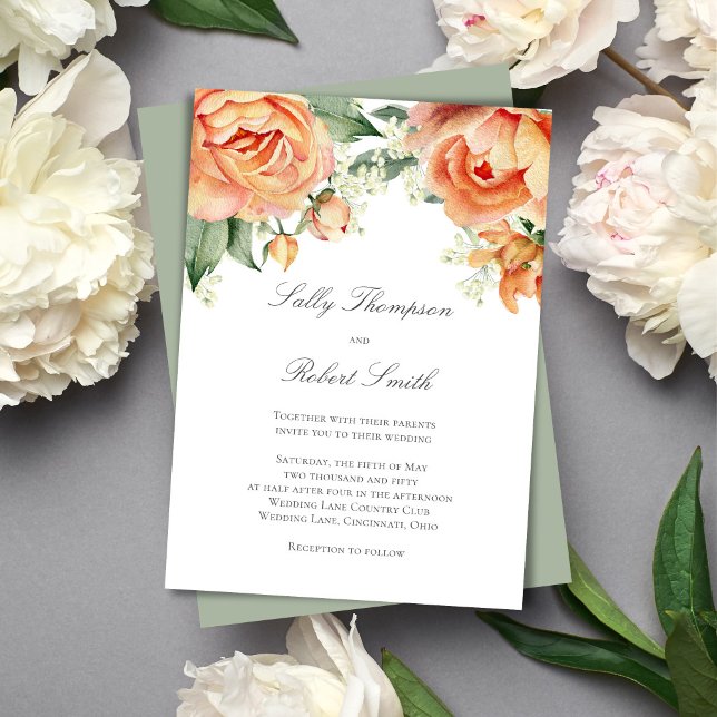 Peach Floral Top Border Elegant Script Wedding Invitation (Romantic peach floral wedding design with soft watercolor blooms and elegant script for a timeless.)