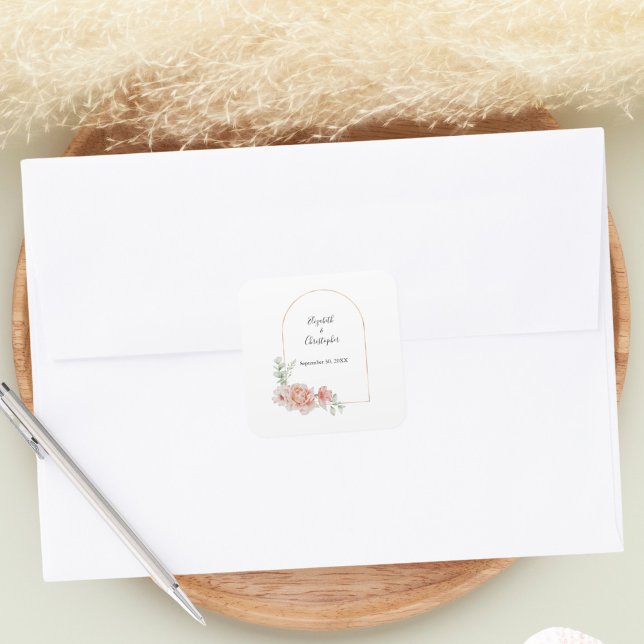 Peach Floral Trendy Arch Greenery Modern Wedding Square Sticker (Peach Floral Elegant Bride and Groom Names wedding date envelope seals, wedding stickers)