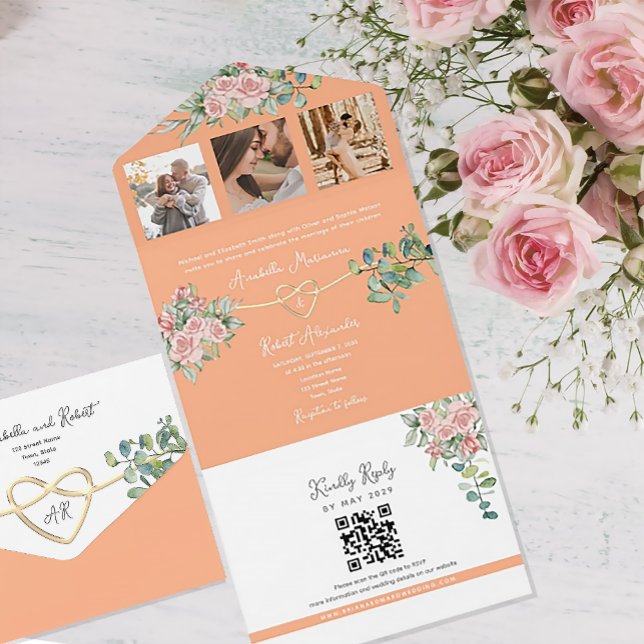 Peach Floral Vintage Rose Wedding All In One Invitation (Creator Uploaded)