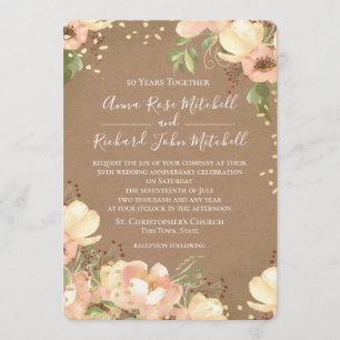 Peach Floral Watercolor 50th Wedding Anniversary Invitation