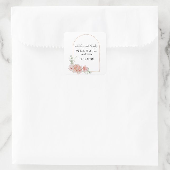 Peach Floral Watercolor Arch Wedding Favour  Square Sticker (Bag)