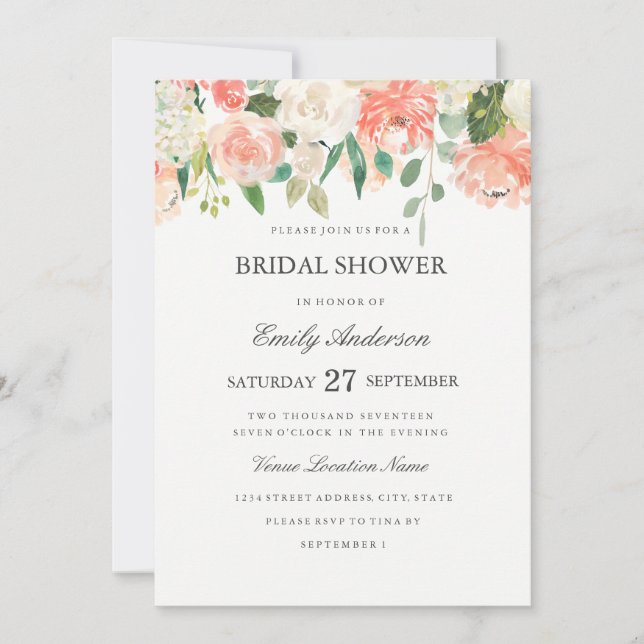 Peach Floral Watercolor Bridal Shower Invitation (Front)