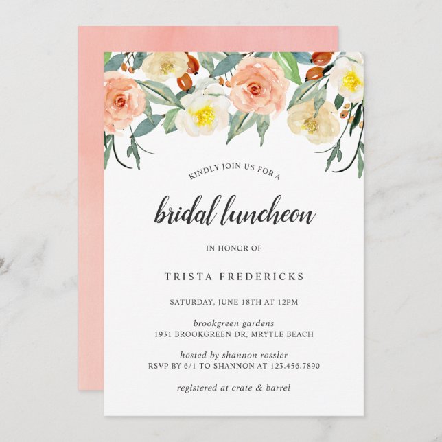 Peach Floral Watercolor Elegant Bridal Luncheon Invitation (Front/Back)