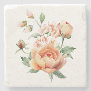 Peach Floral Watercolor Home Decor Stone Coaster