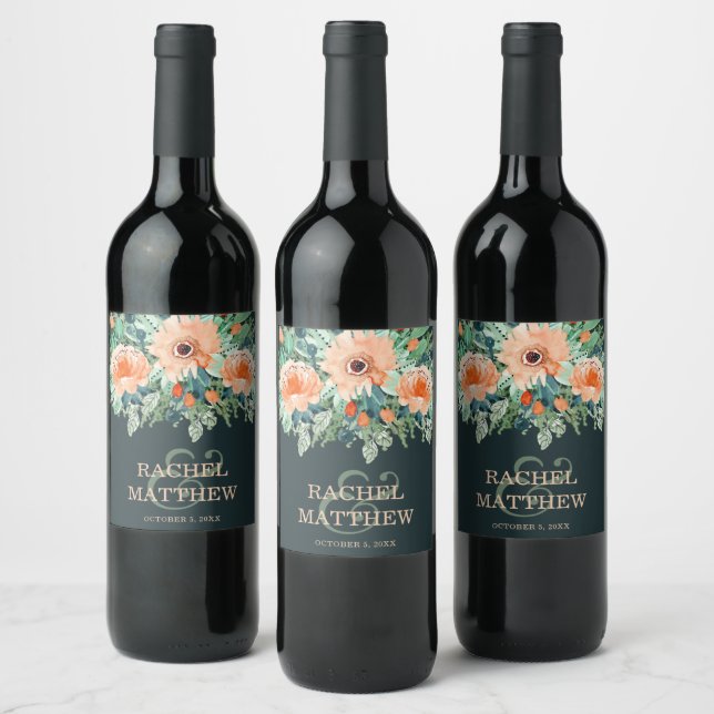 Peach Floral Watercolor on Teal Wine Label (Bottles)
