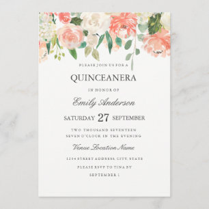 Peach Floral Watercolor Quinceanera Invitation
