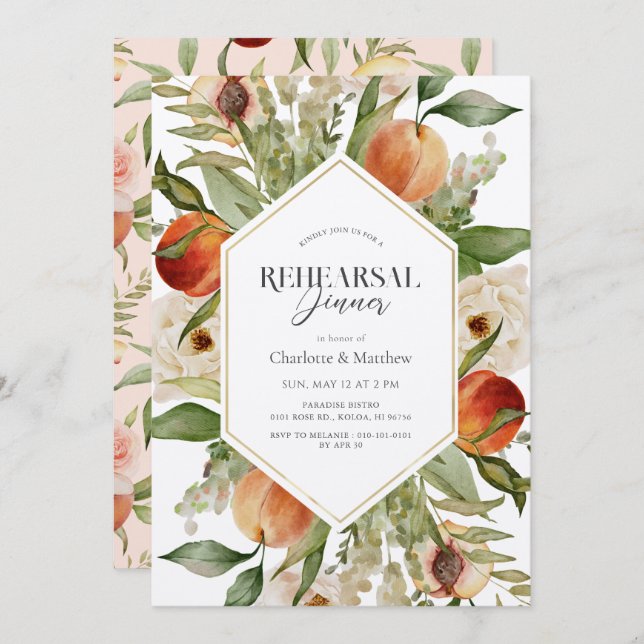Peach Floral Watercolor Rehearsal Dinner Invitation (Front/Back)