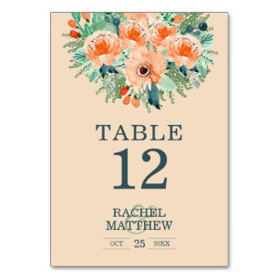 Peach Floral Watercolor Table Number