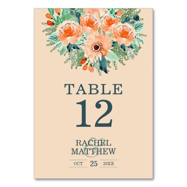 Peach Floral Watercolor Table Number (Front)