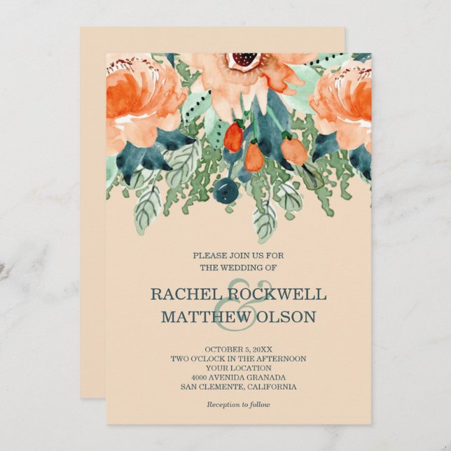 Peach Floral Watercolor Wedding Invitation (Front/Back)