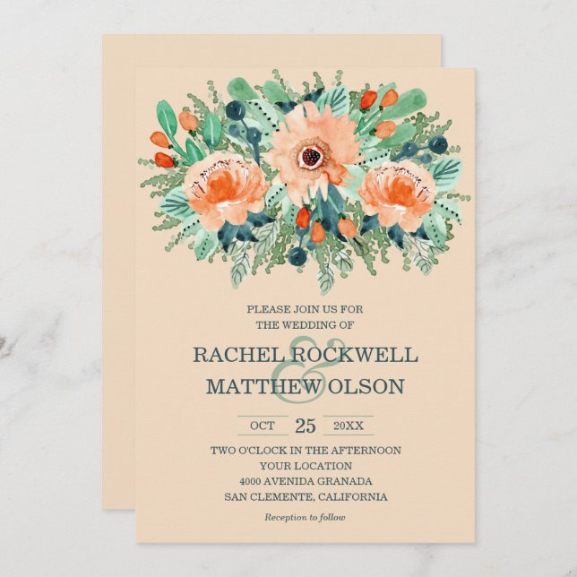 Peach Floral Watercolor Wedding Invitations (Front/Back)
