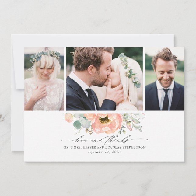 Peach Floral Wedding 3 Photos Thank You Card (Front)