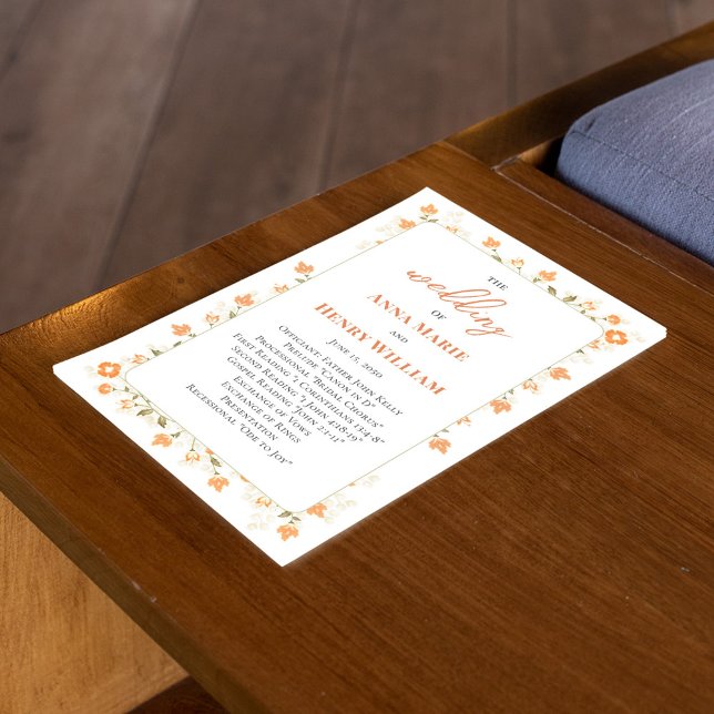 Peach Floral Wedding Calligraphy Program (Welcome wedding program with elegant peach floral greenery and calligraphy script. )