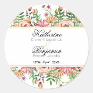 Peach Floral Wedding Classic Round Sticker