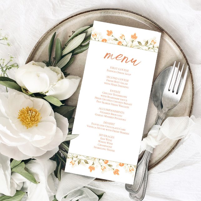 Peach Floral Wedding Custom Menu (Wedding menu card with a peach floral design.)