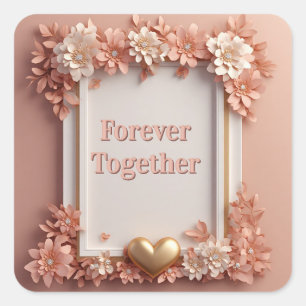 🌹 Peach Floral Wedding Decor With Gold Heart ✨ Square Sticker