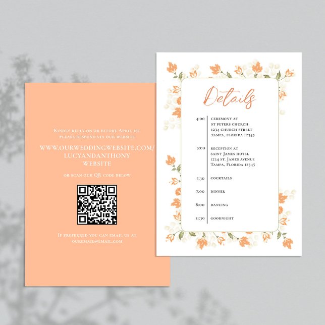 Peach Floral Wedding Details RSVP  Enclosure Card (Elegant peach floral foliage wedding details card with a simple timeline.)