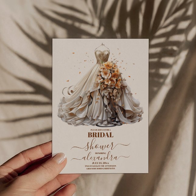 Peach Floral Wedding Dress Bridal Shower Invitation (Creator Uploaded)