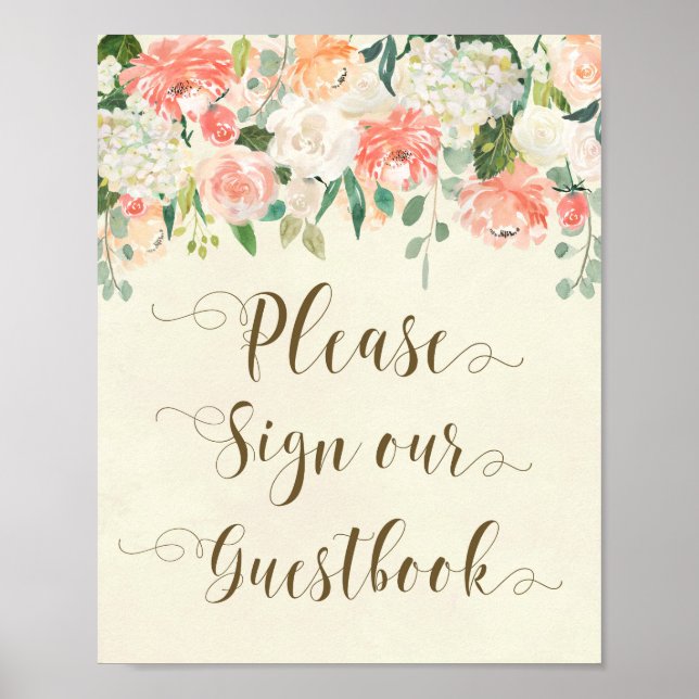 peach floral wedding guestbook sign ivory (Front)