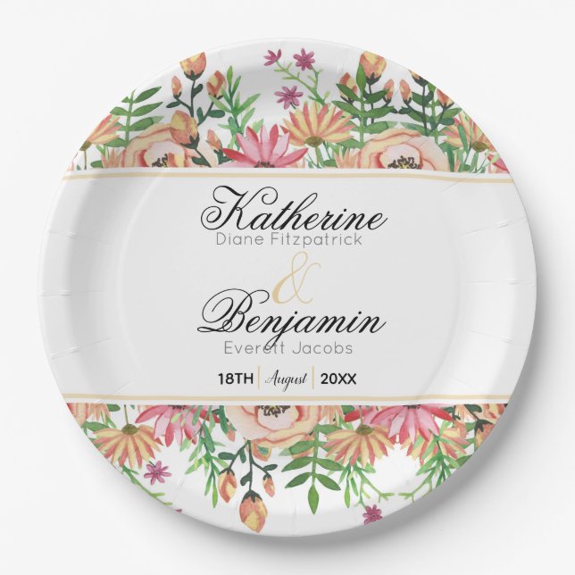 Peach Floral Wedding Paper Plate (Front)