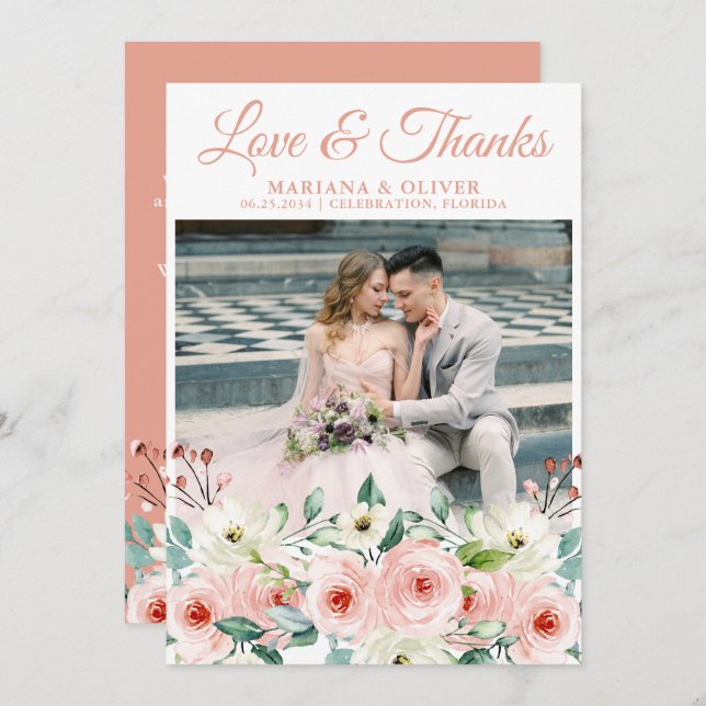Peach Floral Wedding Photo Thank You Card (Front/Back)