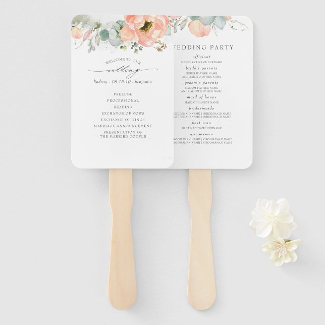 Peach Floral Wedding Program Hand Fan (Front and Back)