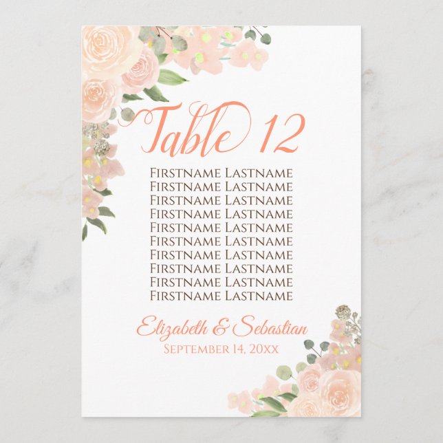 Peach Floral Wedding Table Number & Names Large (Back)