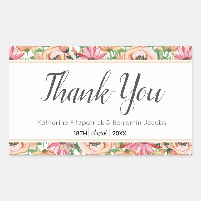 Peach Floral Wedding Thank You Rectangular Sticker (Front)