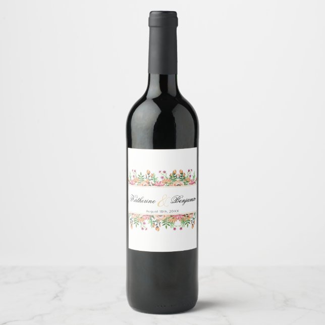Peach Floral Wedding Wine Label (Front)