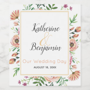 Peach Floral Wedding Wine Label