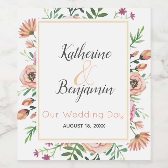 Peach Floral Wedding Wine Label (Single Label)