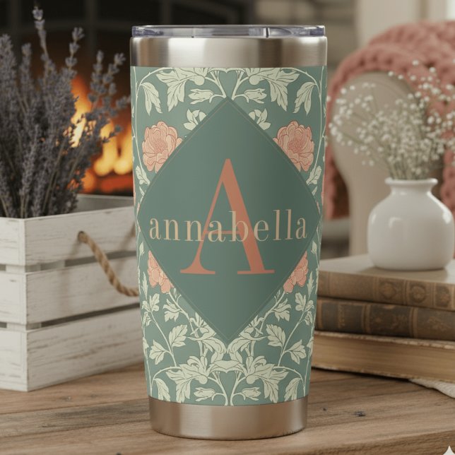 Peach Floral William Morris Elegant Monogram Insulated Tumbler (Creator Uploaded)