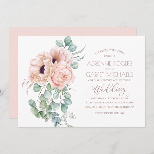 Peach Floral With Eucalyptus Greenery Wedding Invitation (Front/Back)