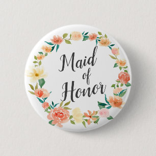 Peach Floral Wreath Maid Of Honour 6 Cm Round Badge