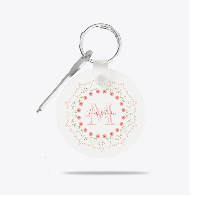 Peach Floral Wreath Monogram Personalised  Key Ring (Peach floral wreath monogram keychain with blush flowers and custom initial name design.)