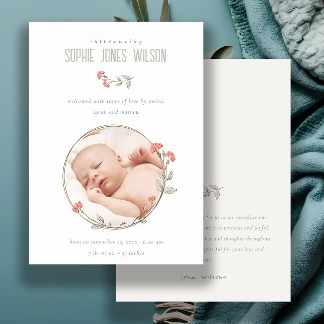 Peach Floral Wreath Photo Girl Birth Announcement  (Creator Uploaded)