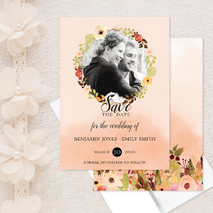 Peach Floral Wreath Photo Wedding Save The Date