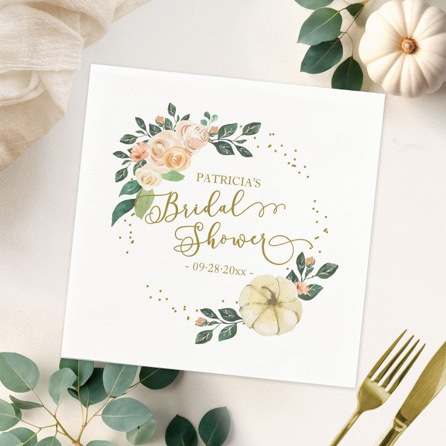 Peach Floral Wreath Pumpkin Fall Bridal Shower Napkin (Creator Uploaded)