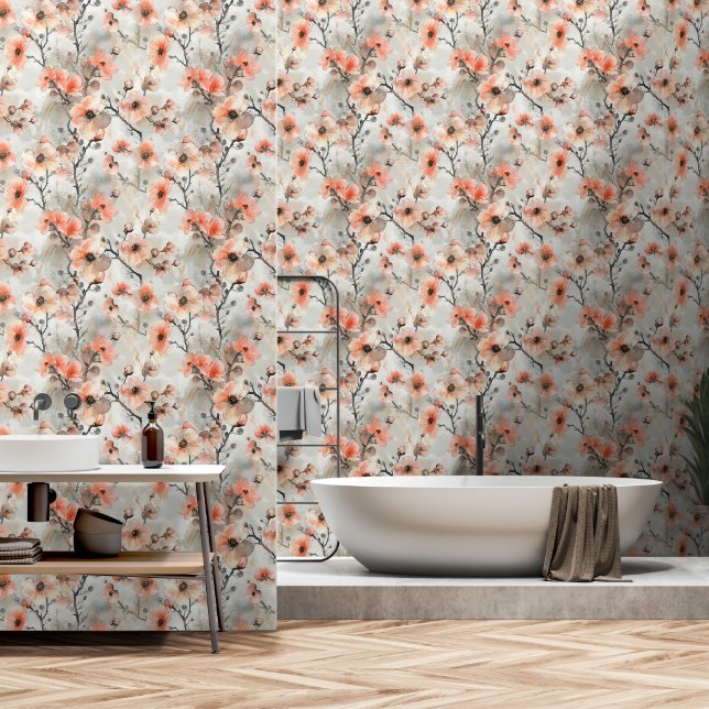 Peach Florals Black Branches Wallpaper (Bathroom)