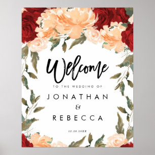peach florals greenery wedding welcome sign poster