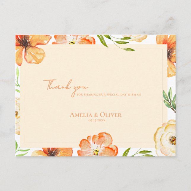 Peach Florals Romantic Garden Wedding Thank You Postcard (Front)