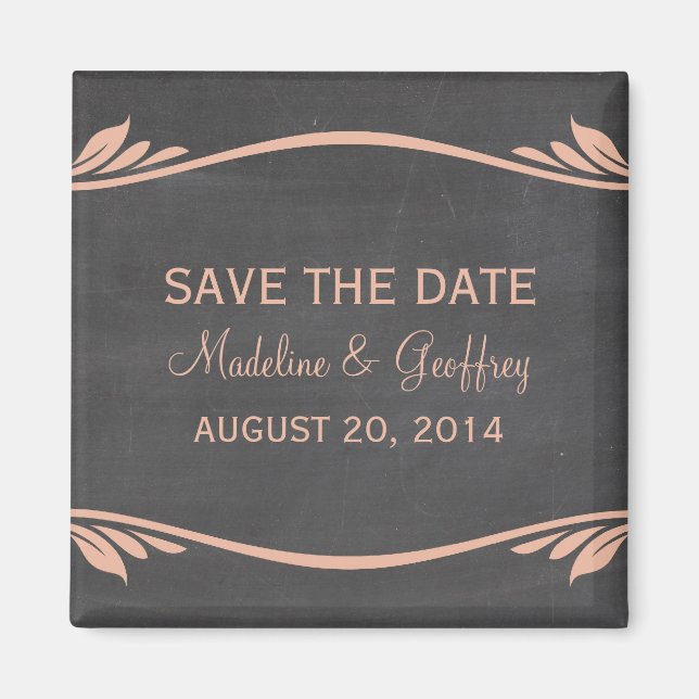 Peach Flourish Chalkboard Save the Date Magnet (Front)