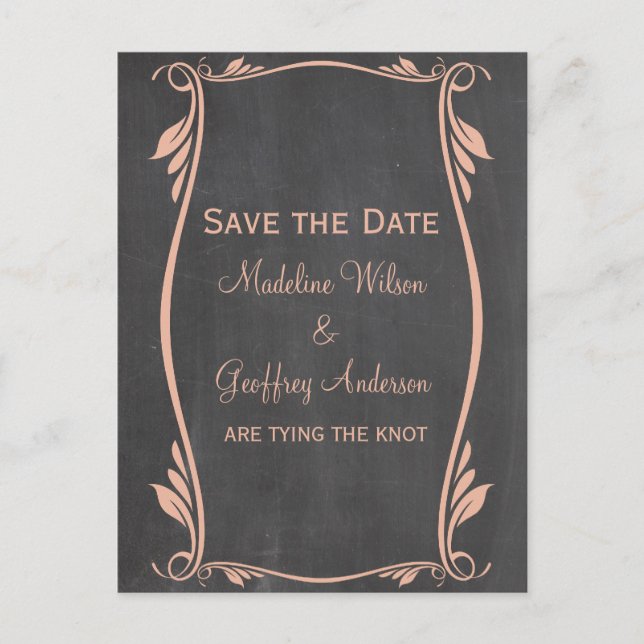 Peach Flourish Chalkboard Save the Date Postcard (Front)