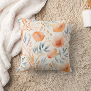 Peach Flowers and Dusty Blue Contemporary Cushion