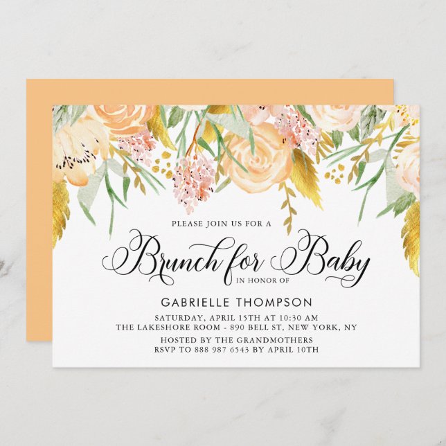 Peach Flowers and Gold Leaves Baby Shower Brunch Invitation (Front/Back)